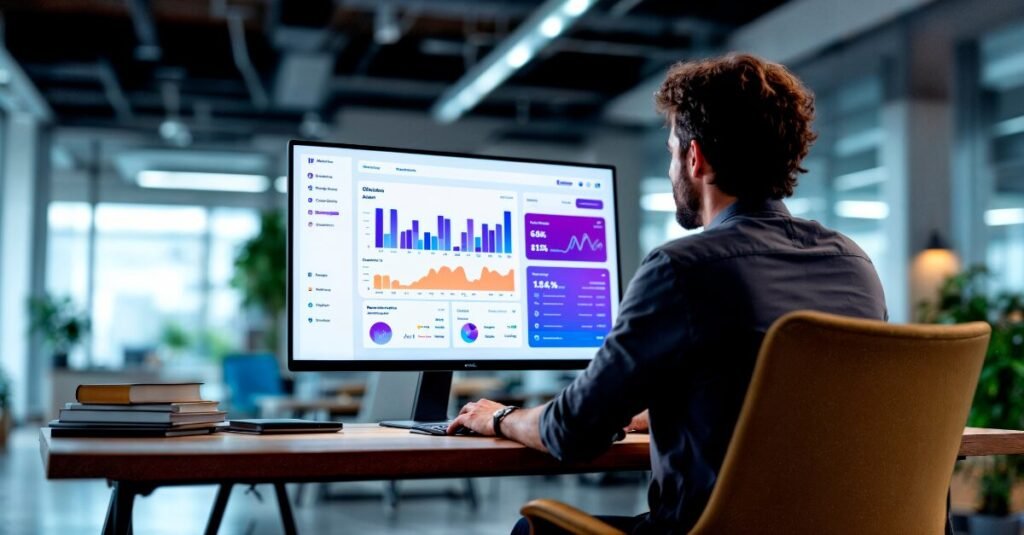 Consultor estratégico de Analizarte presentando un modelo de datos avanzado y KPIs personalizados en Microsoft Power BI para directores corporativos.
